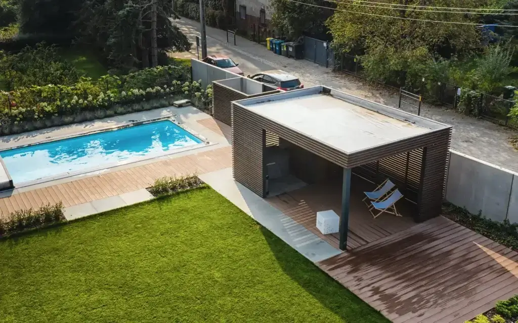 a membrane roof for a garden house by a pool